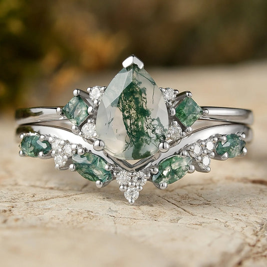 Pear Cut Moss Agate Wedding Ring Sets 2pcs