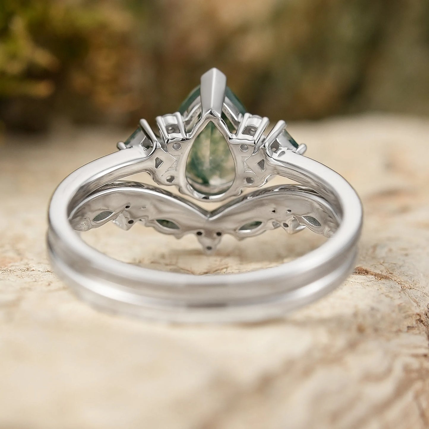 Pear Cut Moss Agate Wedding Ring Sets 2pcs