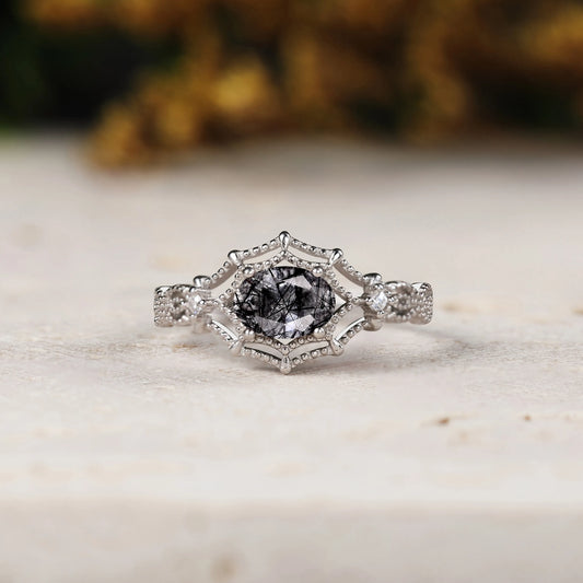 Oval Black Rutilated Quartz Spiderweb Vintage Beaded  Engagement Ring