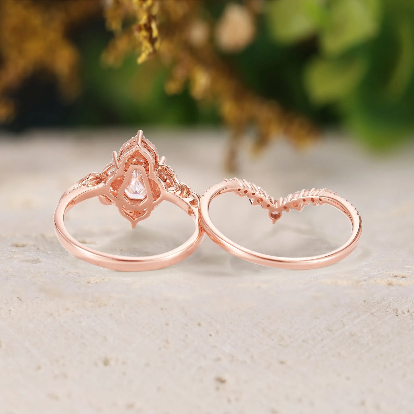 Coffin Cut Moissanite Engagement Ring Sets 2pcs with Leaves