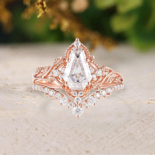 Coffin Cut Moissanite Engagement Ring Sets 2pcs with Leaves