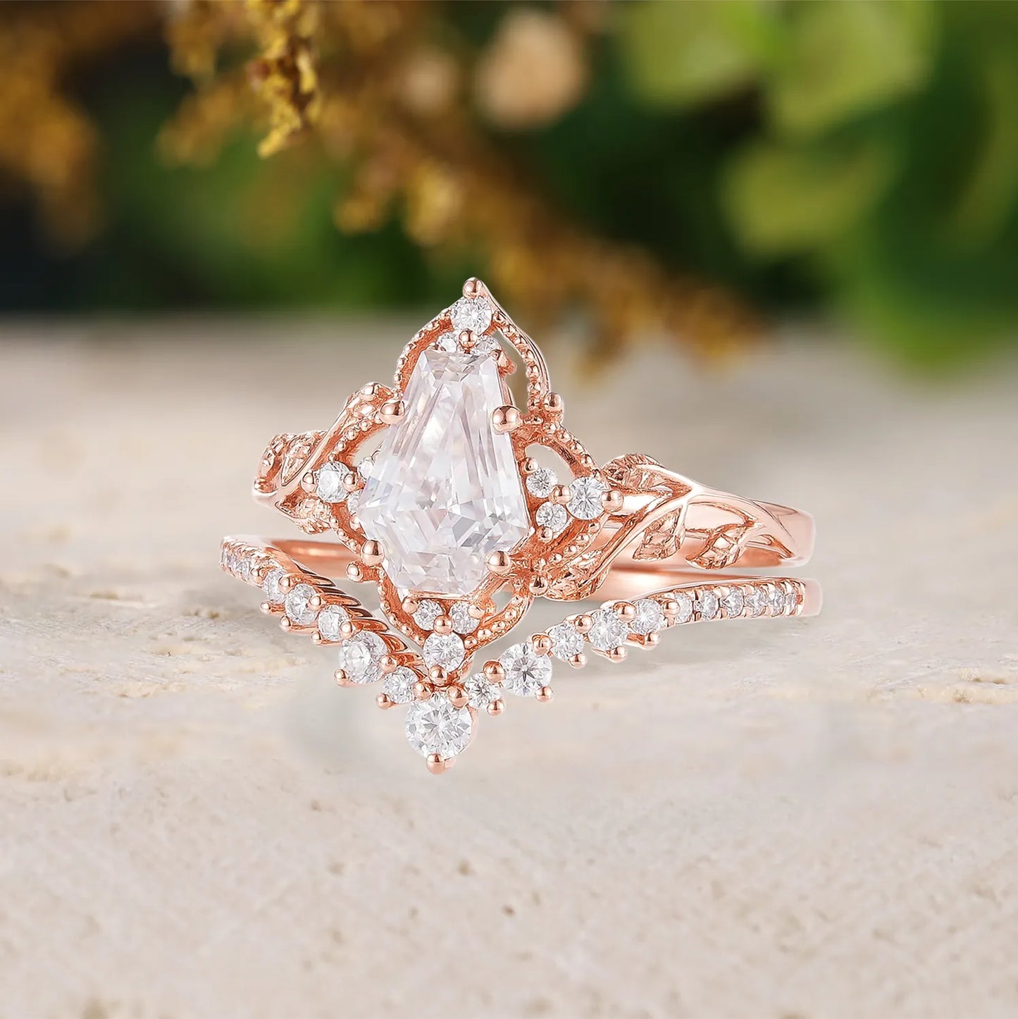 Coffin Cut Moissanite Engagement Ring Sets 2pcs with Leaves
