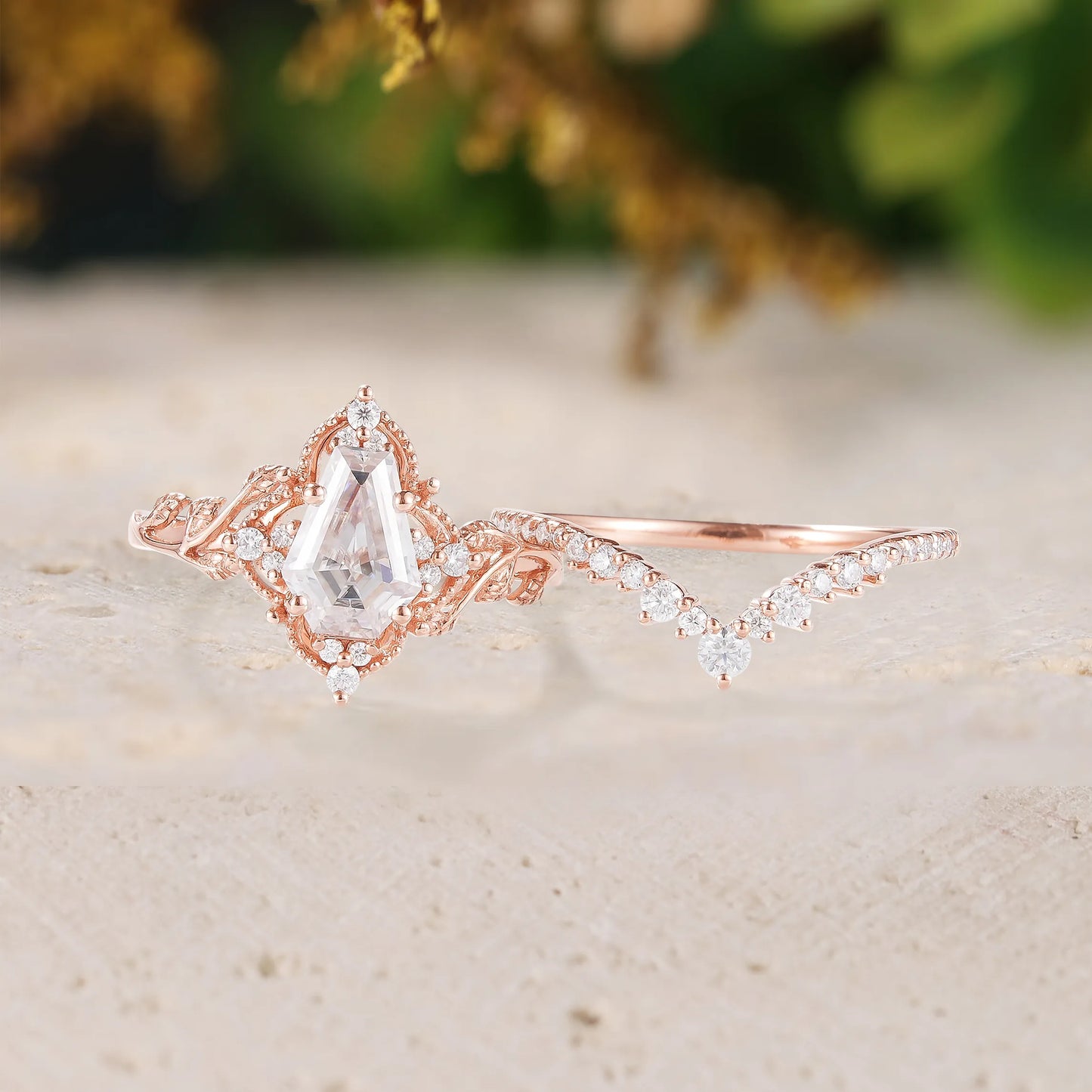 Coffin Cut Moissanite Engagement Ring Sets 2pcs with Leaves