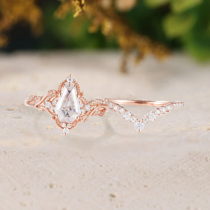 Coffin Cut Moissanite Engagement Ring Sets 2pcs with Leaves