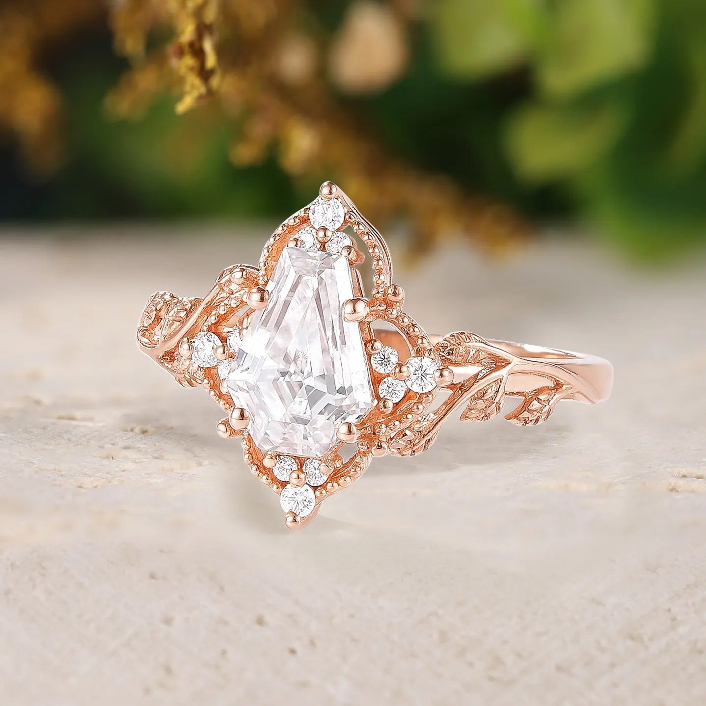 Nature Inspired Leaf Ring Coffin Cut Moissanite Engagement Ring