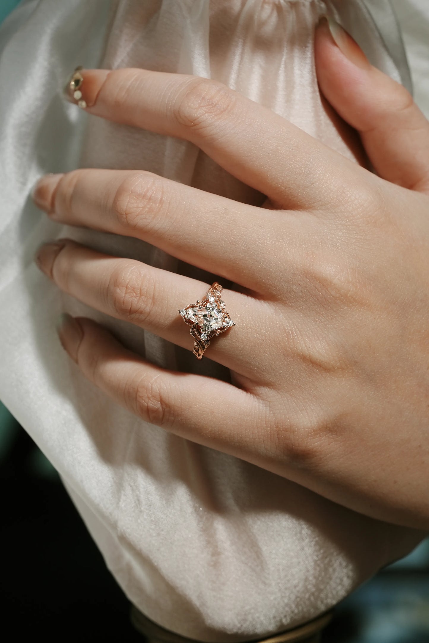 Nature Inspired Leaf Ring Coffin Cut Moissanite Engagement Ring