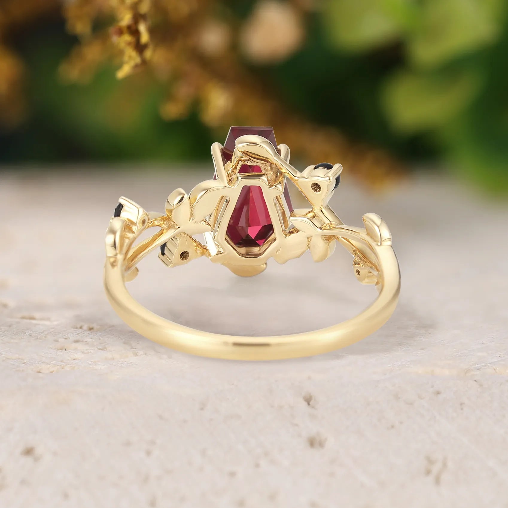 Coffin Cut Ruby Engagement Ring Leaf Ring For Her