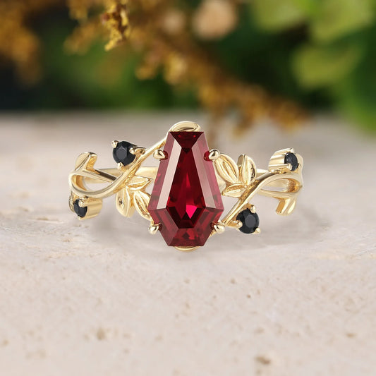Coffin Cut Ruby Engagement Ring Leaf Ring For Her