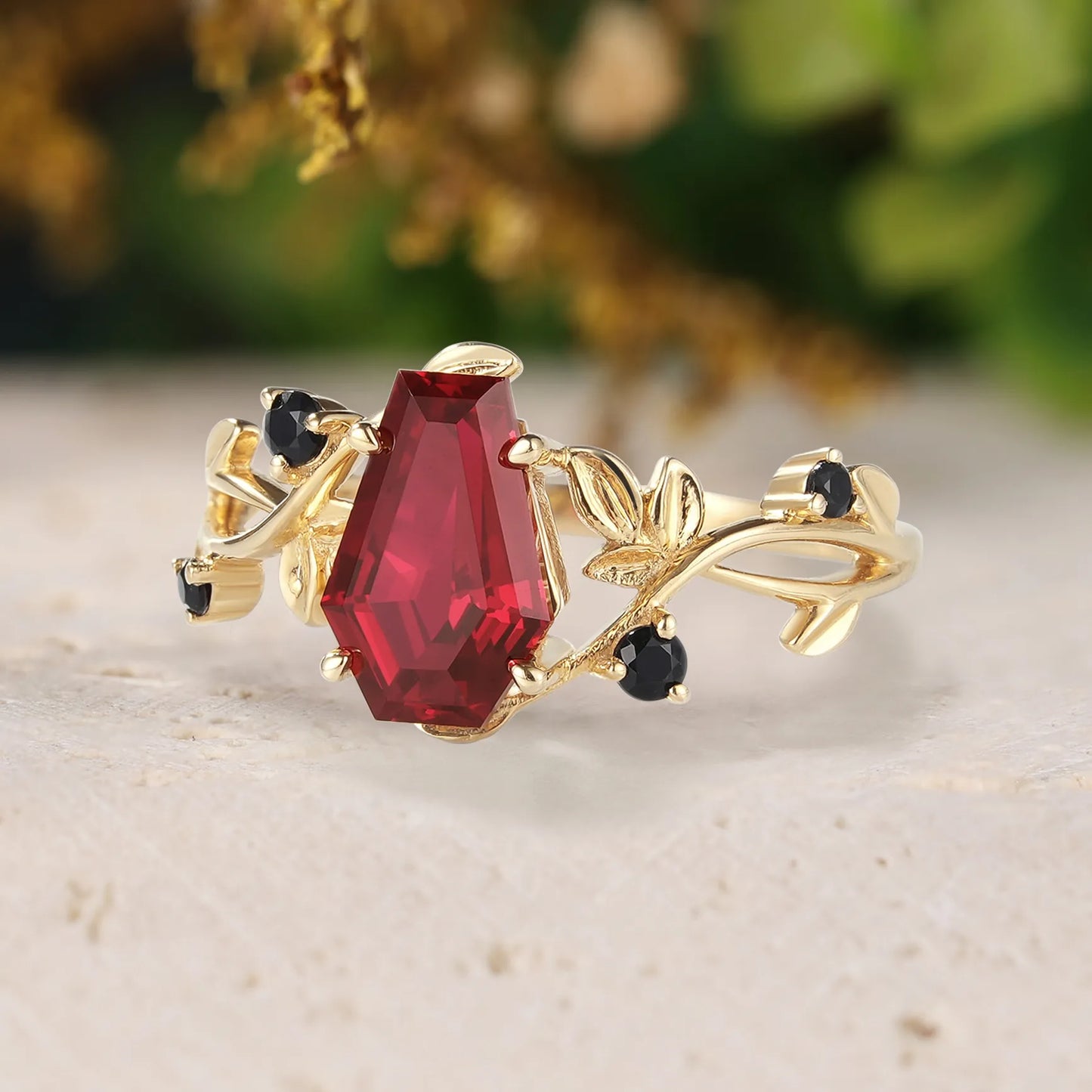 Coffin Cut Ruby Engagement Ring Leaf Ring For Her
