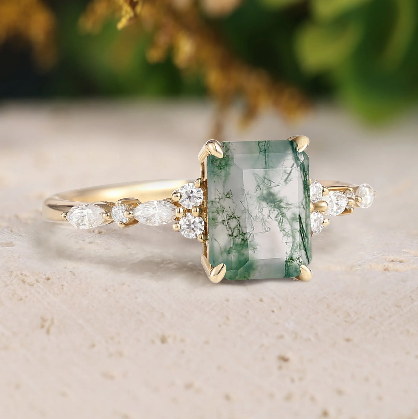Emerald Cut Moss Agate Promise Ring with Moissanite