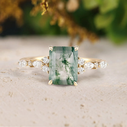 Emerald Cut Moss Agate Promise Ring with Moissanite