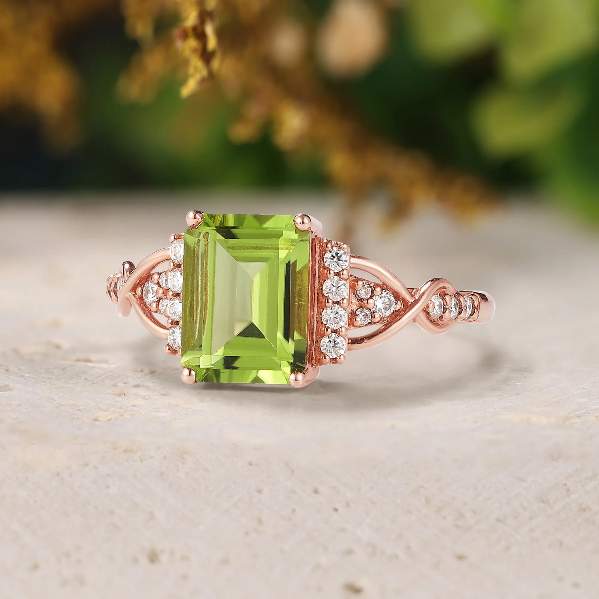 Emerald Cut Green Peridot Engagement Ring