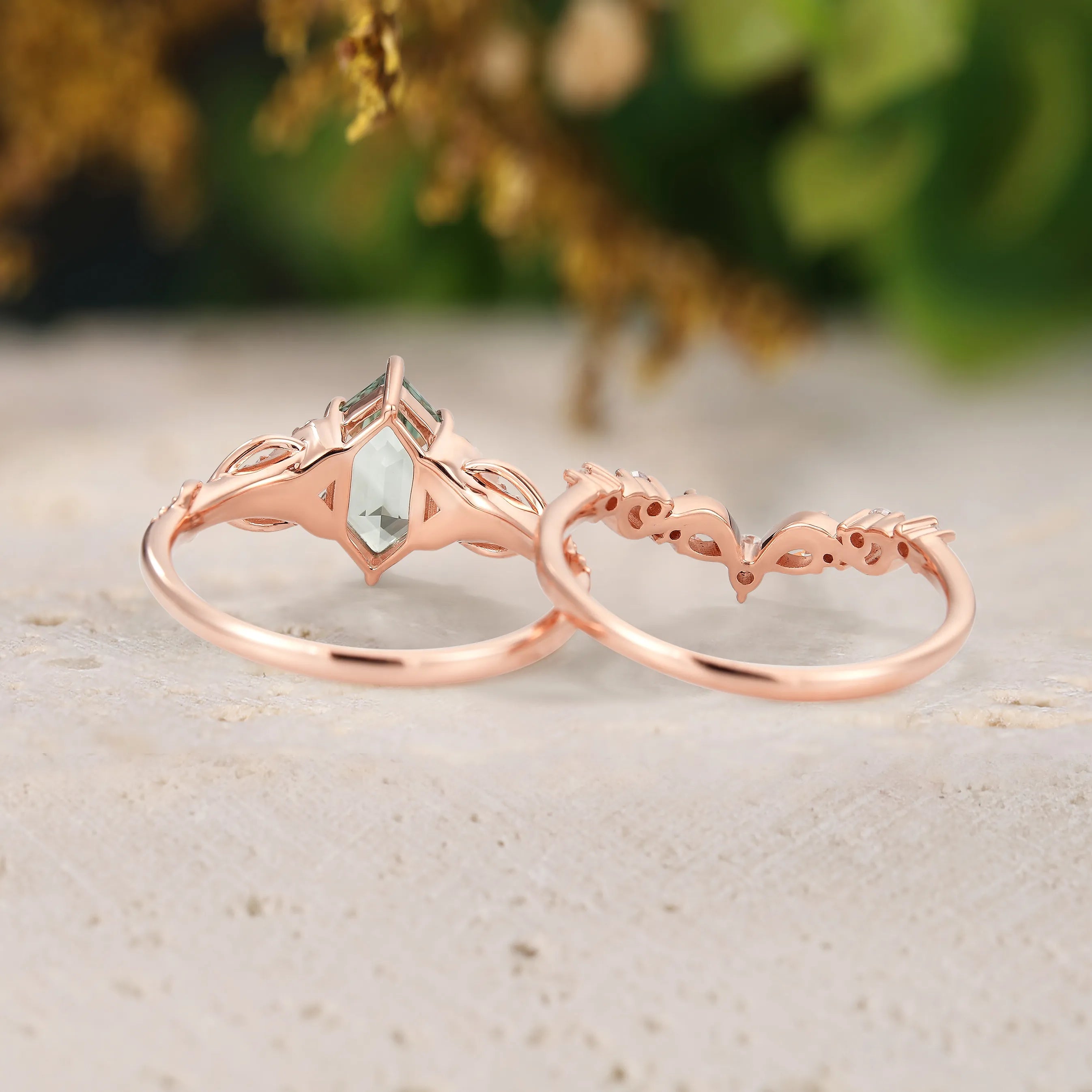 Long Hexagon Green Sapphire Engagement Ring with Moissanite Chevron Wedding Band