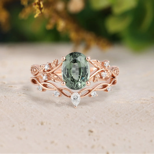 Oval Green Sapphire Leaf Engagement Ring with Chevron Wedding Band