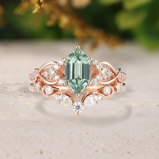 Long Hexagon Green Sapphire Engagement Ring with Moissanite Chevron Wedding Band
