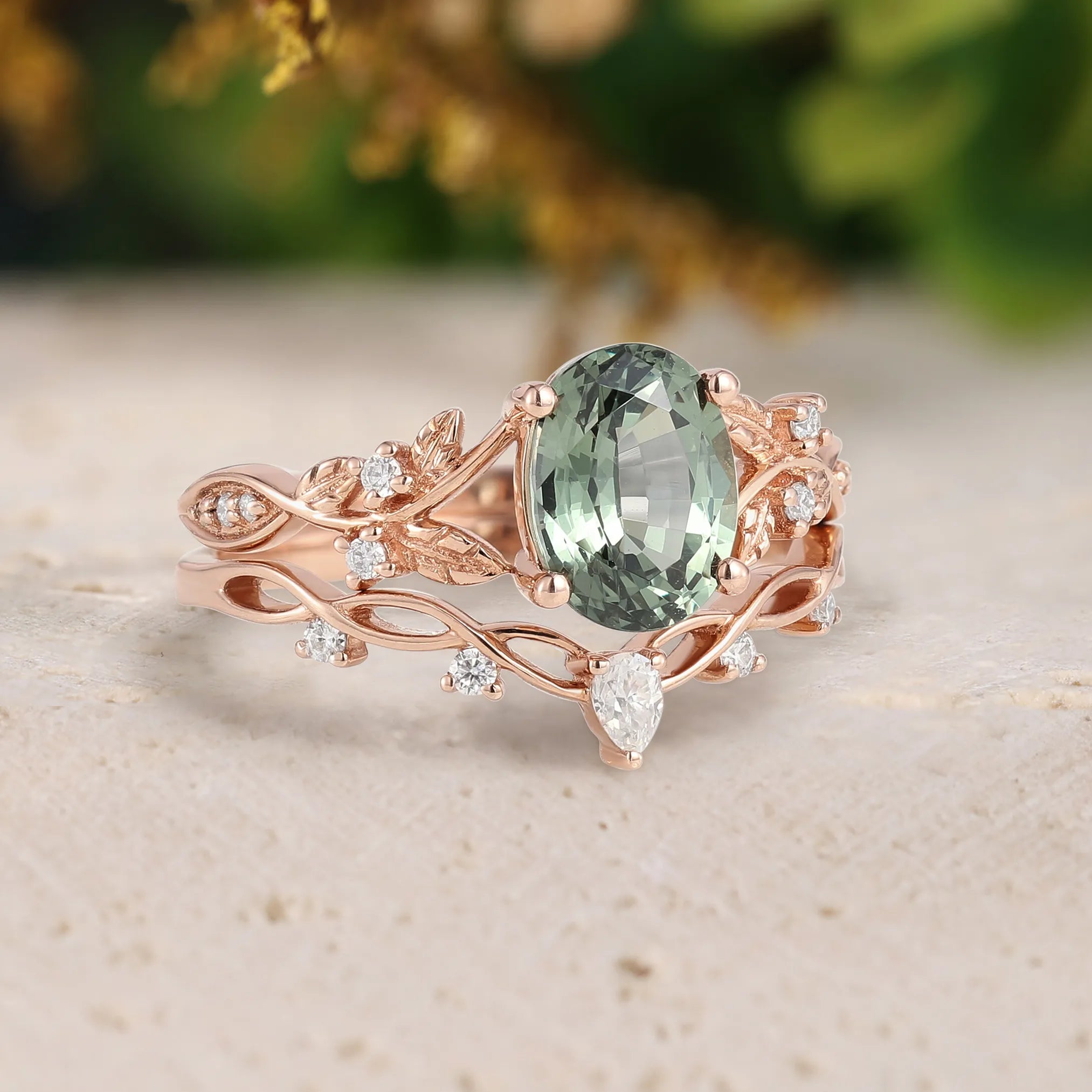 Oval Green Sapphire Leaf Engagement Ring with Chevron Wedding Band