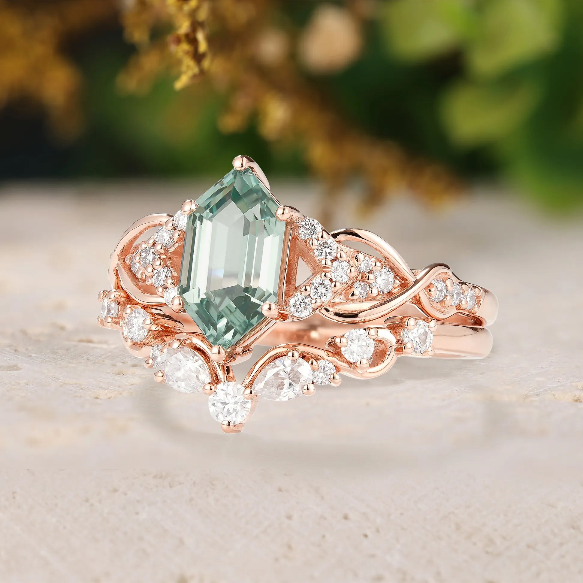 Long Hexagon Green Sapphire Engagement Ring with Moissanite Chevron Wedding Band