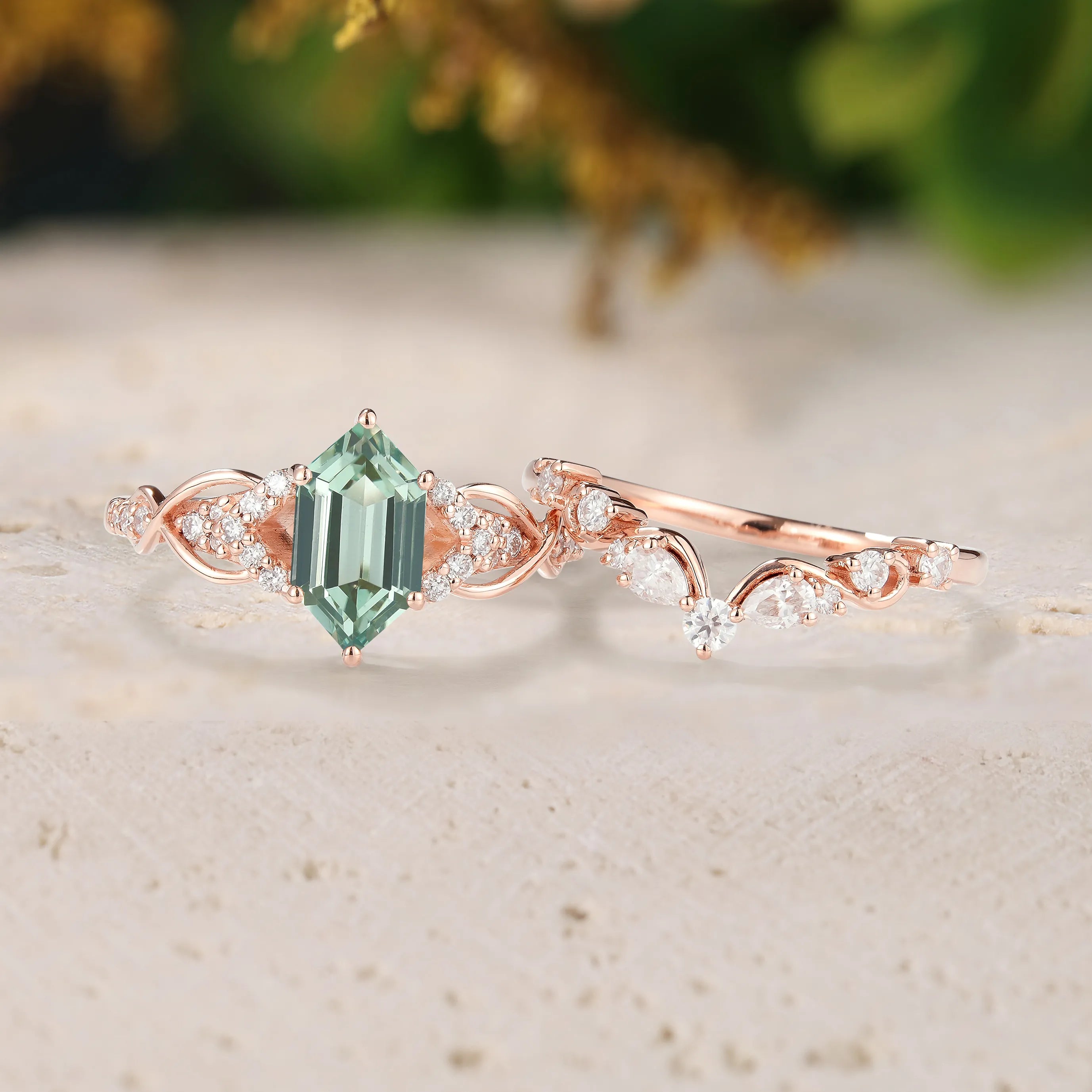 Long Hexagon Green Sapphire Engagement Ring with Moissanite Chevron Wedding Band