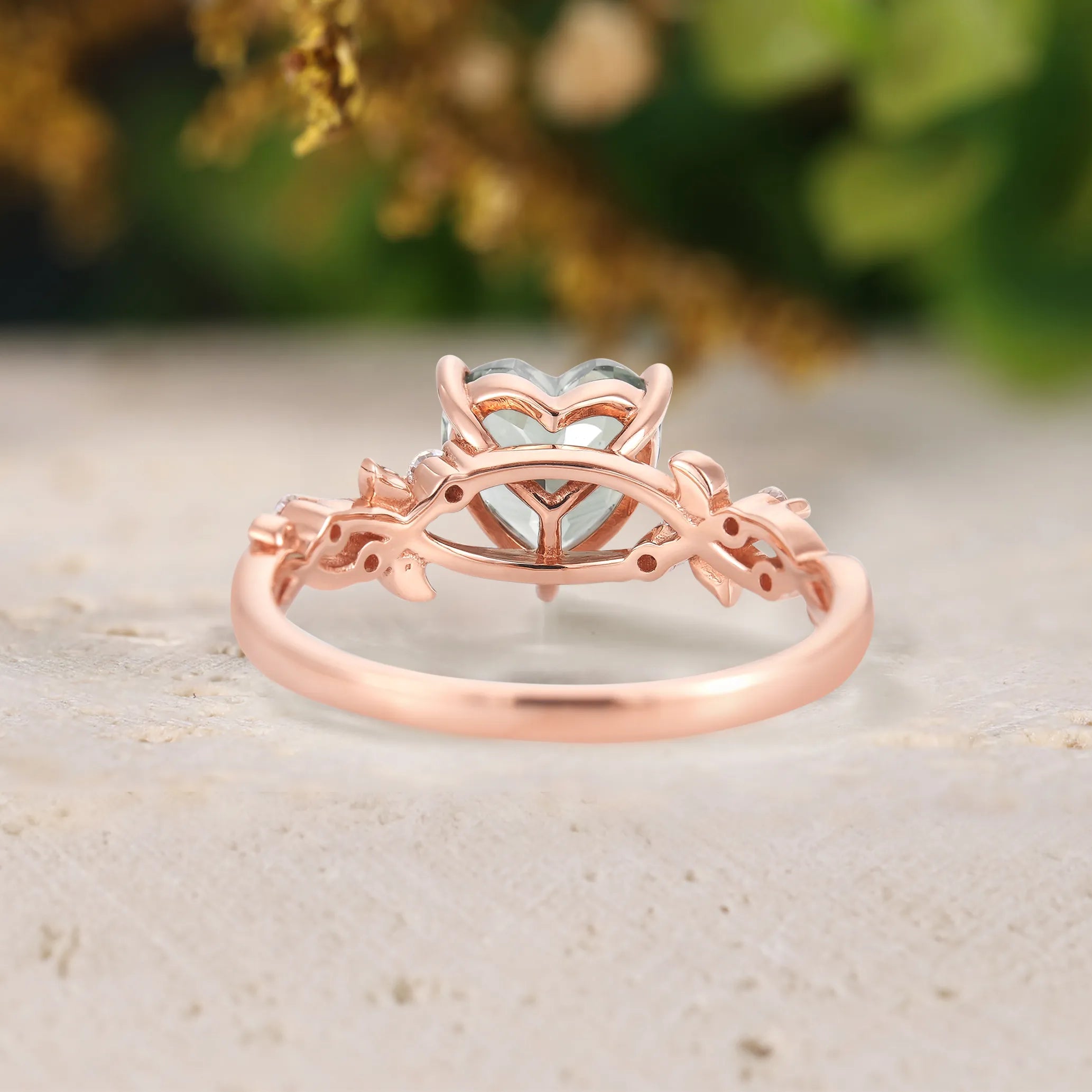 Unique Heart Shaped Green Sapphire Leaf Proposal Ring