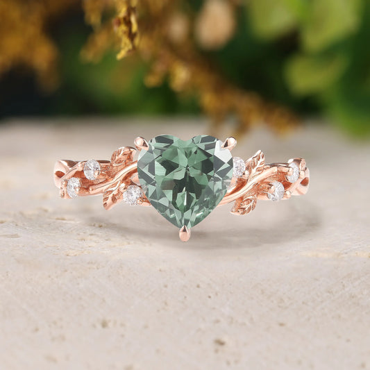 Unique Heart Shaped Green Sapphire Leaf Proposal Ring
