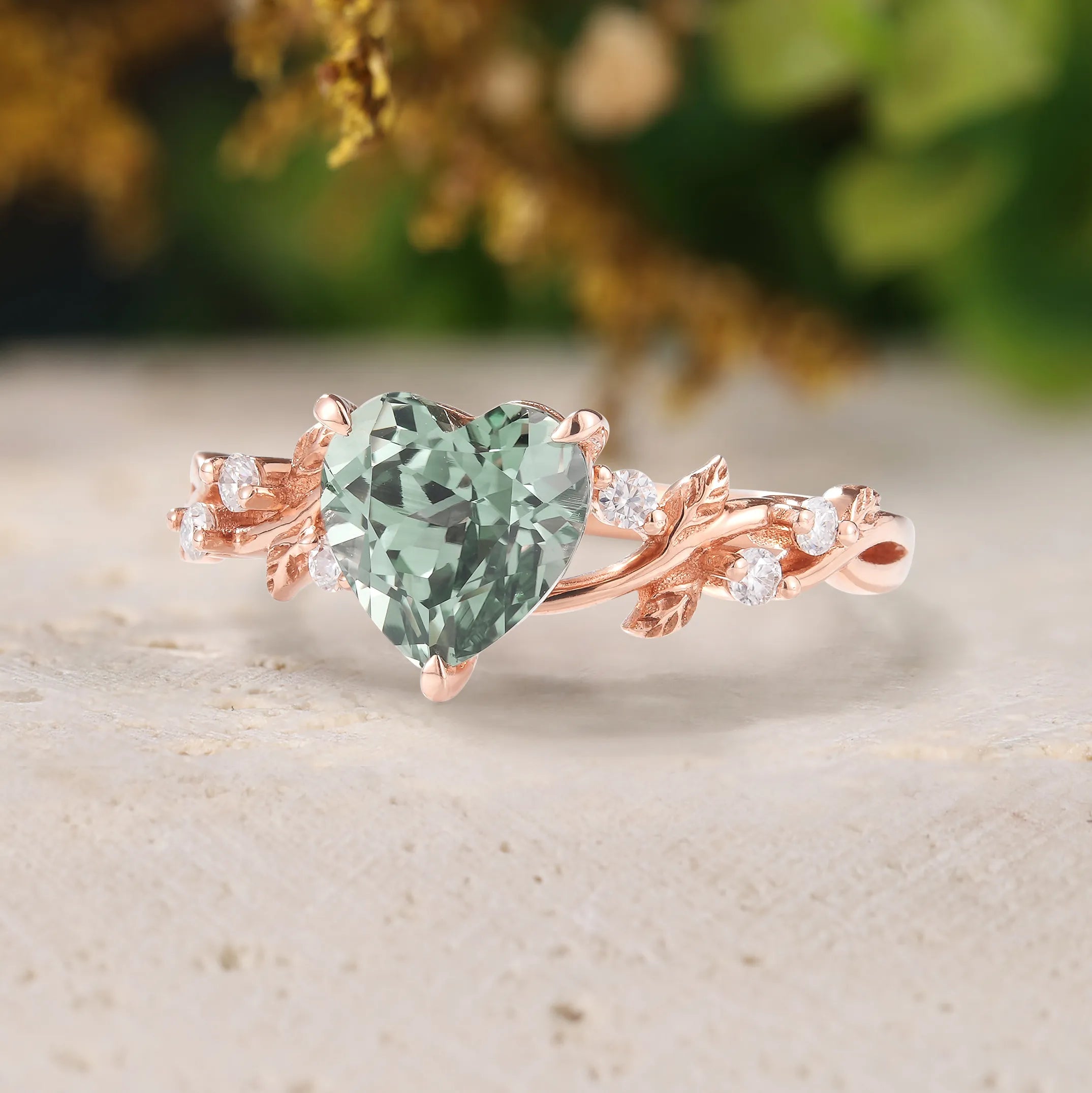 Unique Heart Shaped Green Sapphire Leaf Proposal Ring