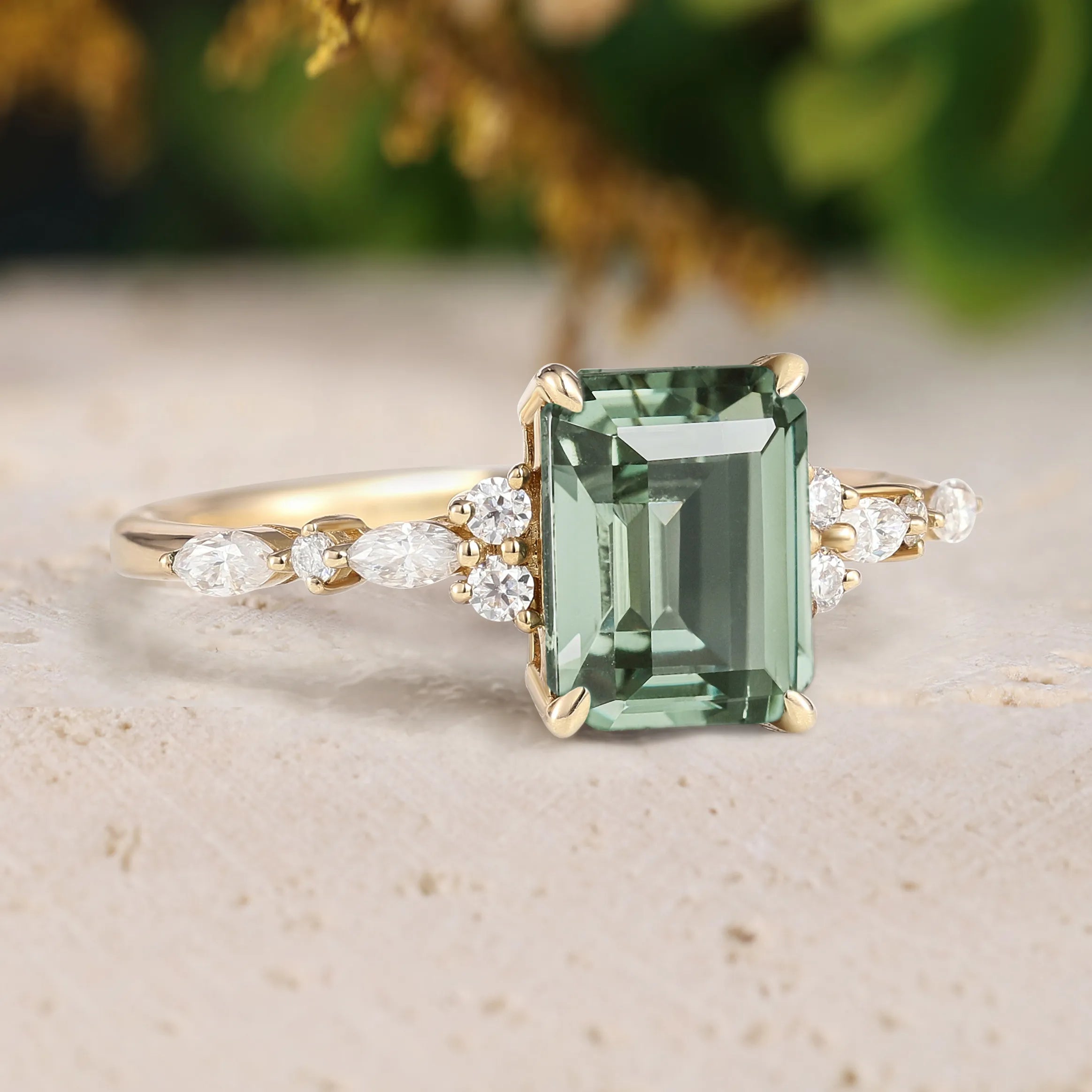 Emerald Cut Green Sapphire Promise Ring with Moissanite