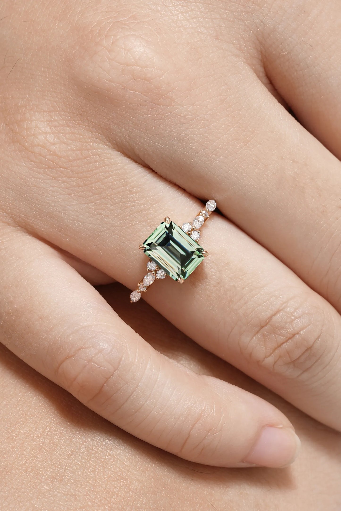 Emerald Cut Green Sapphire Promise Ring with Moissanite