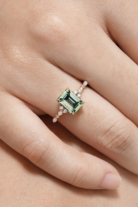 Emerald Cut Green Sapphire Promise Ring with Moissanite