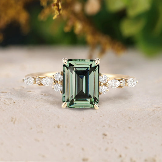 Emerald Cut Green Sapphire Promise Ring with Moissanite