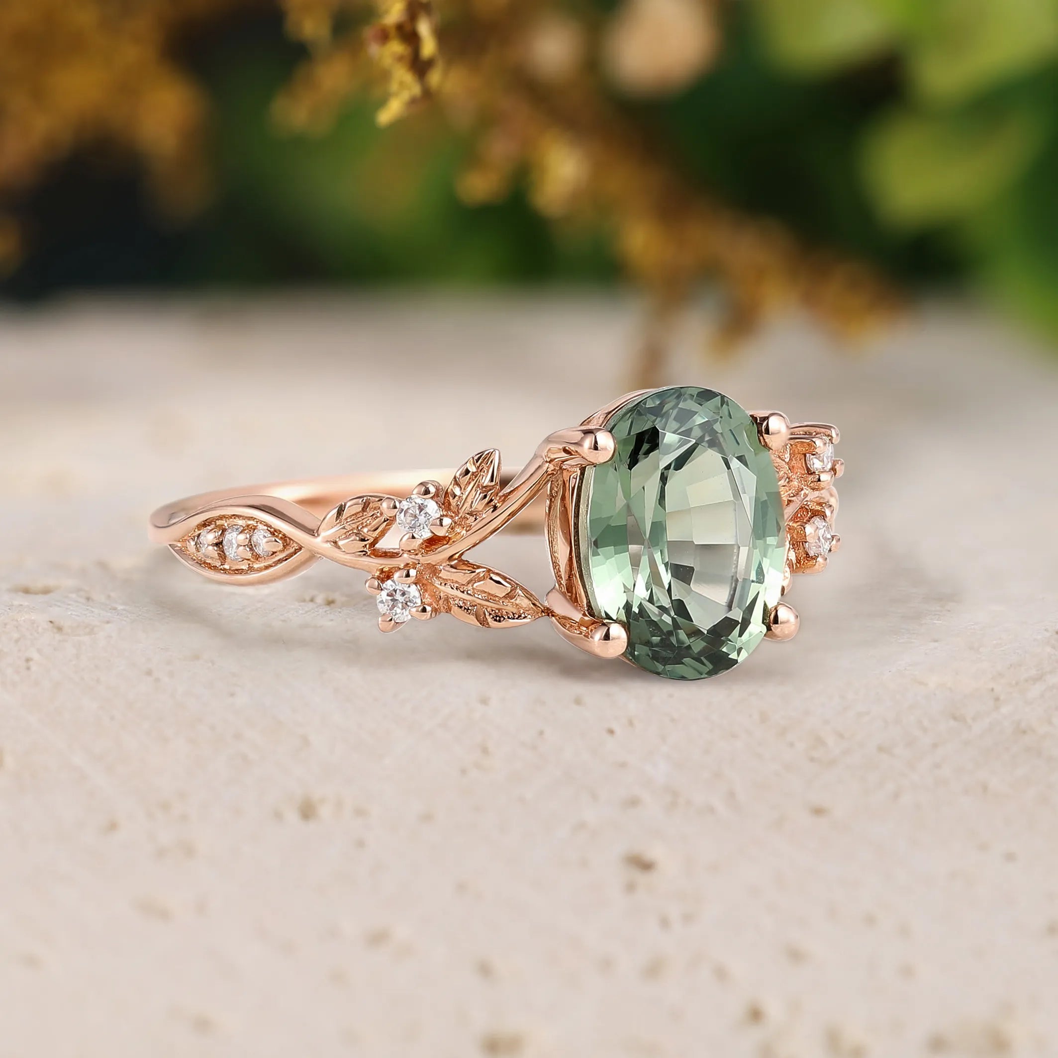 Lab Grown Green Sapphire Leaf Ring for Her