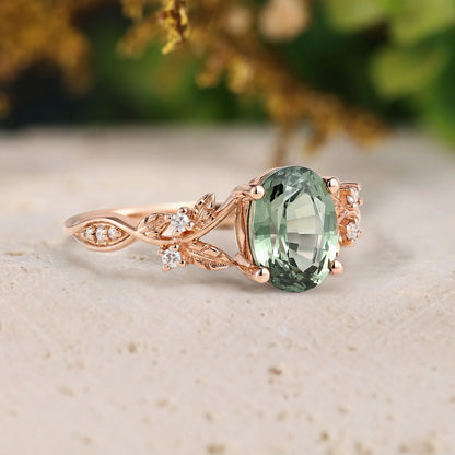 Lab Grown Green Sapphire Leaf Ring for Her