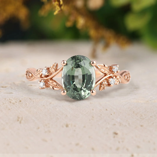Lab Grown Green Sapphire Leaf Ring for Her