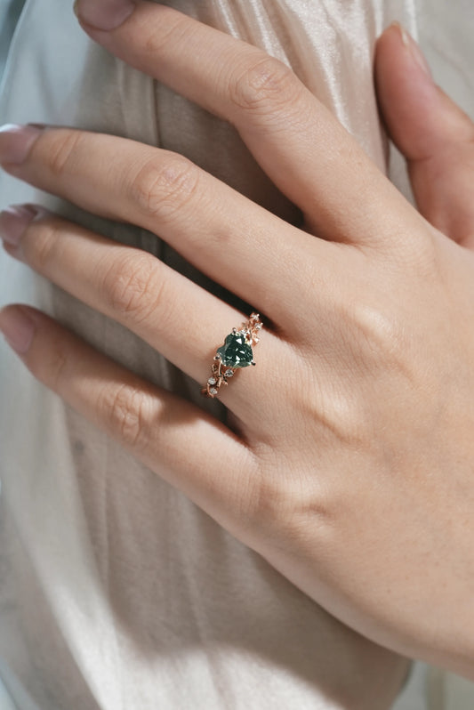 Unique Heart Shaped Green Sapphire Leaf Proposal Ring