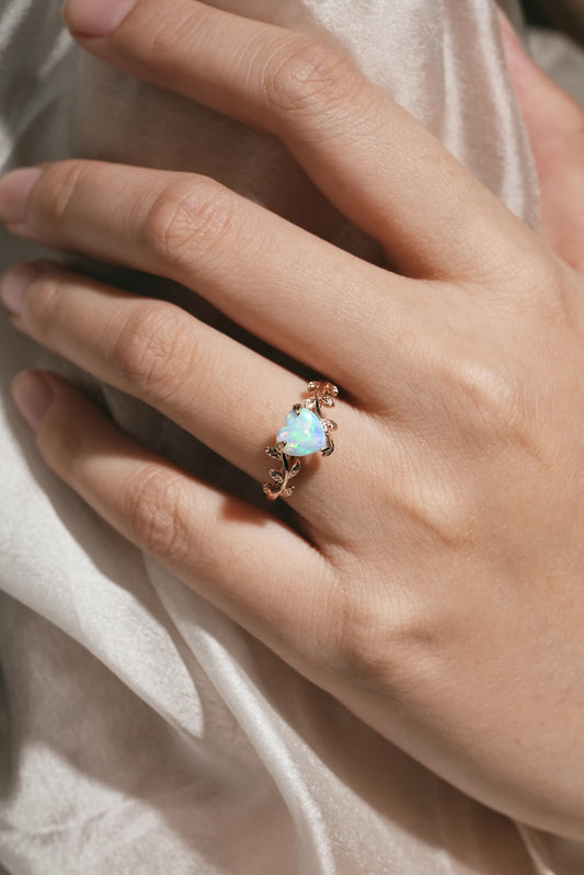 Unique Heart Cut Natural Opal Leaf Engagement Ring