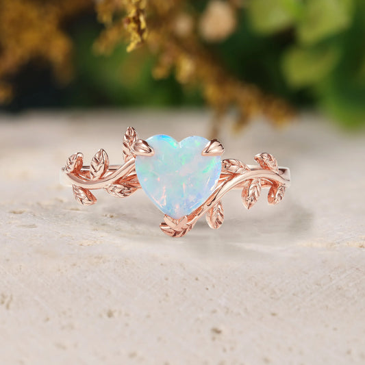 Unique Heart Cut Natural Opal Leaf Engagement Ring