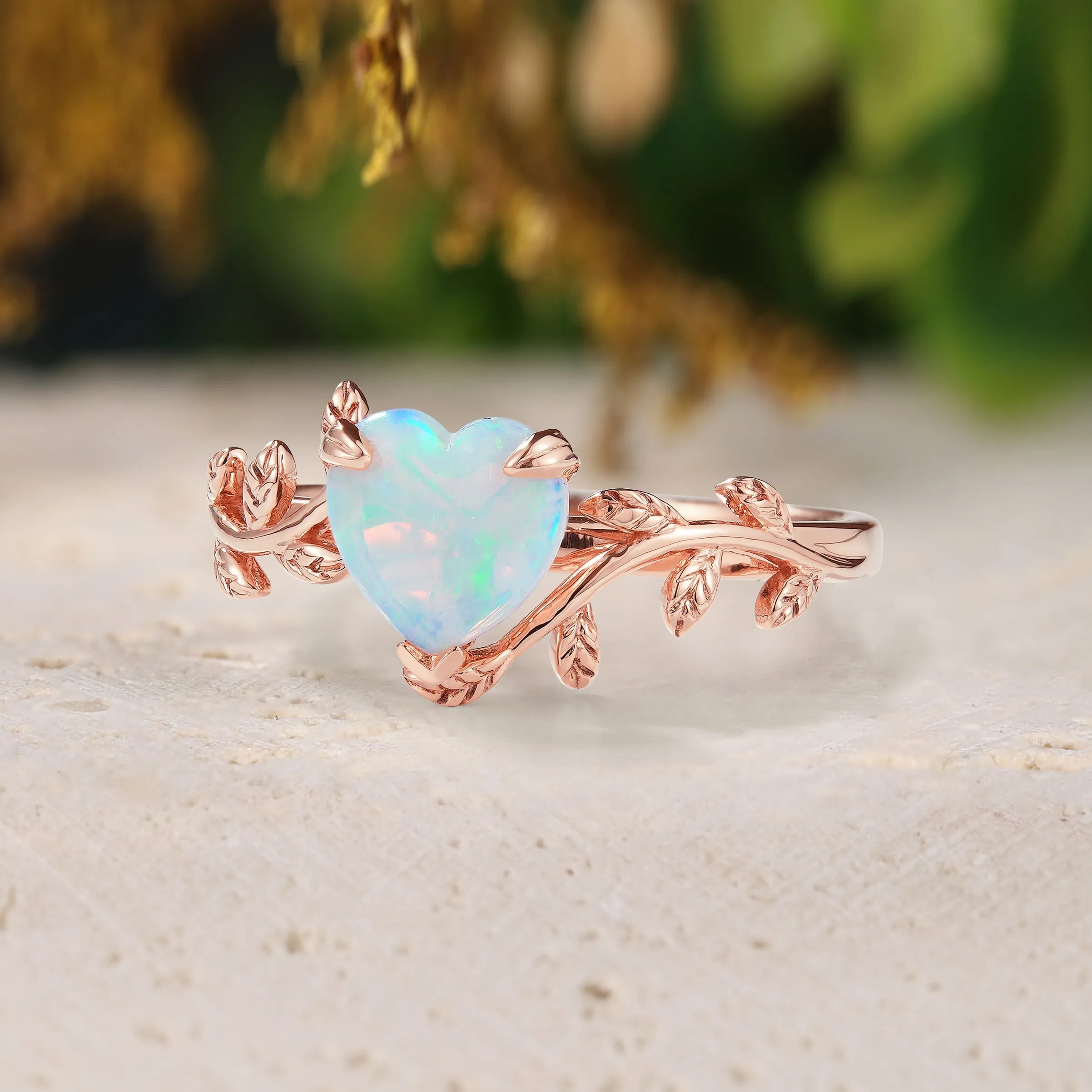 Unique Heart Cut Natural Opal Leaf Engagement Ring