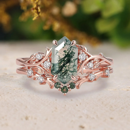 Long Hexagon Cut Moss Agate Bridal Sets 2pcs with Leaves