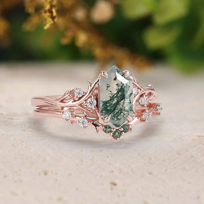 Long Hexagon Cut Moss Agate Bridal Sets 2pcs with Leaves