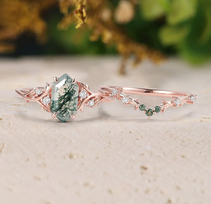 Long Hexagon Cut Moss Agate Bridal Sets 2pcs with Leaves