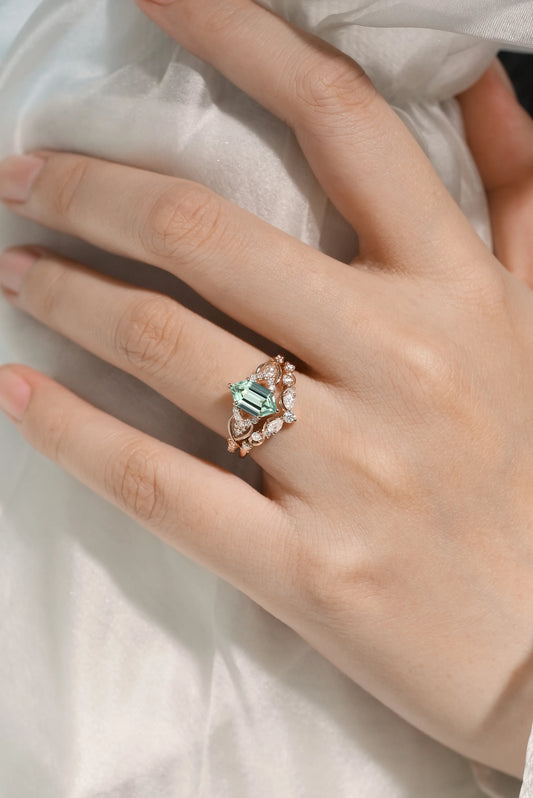 Long Hexagon Green Sapphire Engagement Ring with Moissanite Chevron Wedding Band