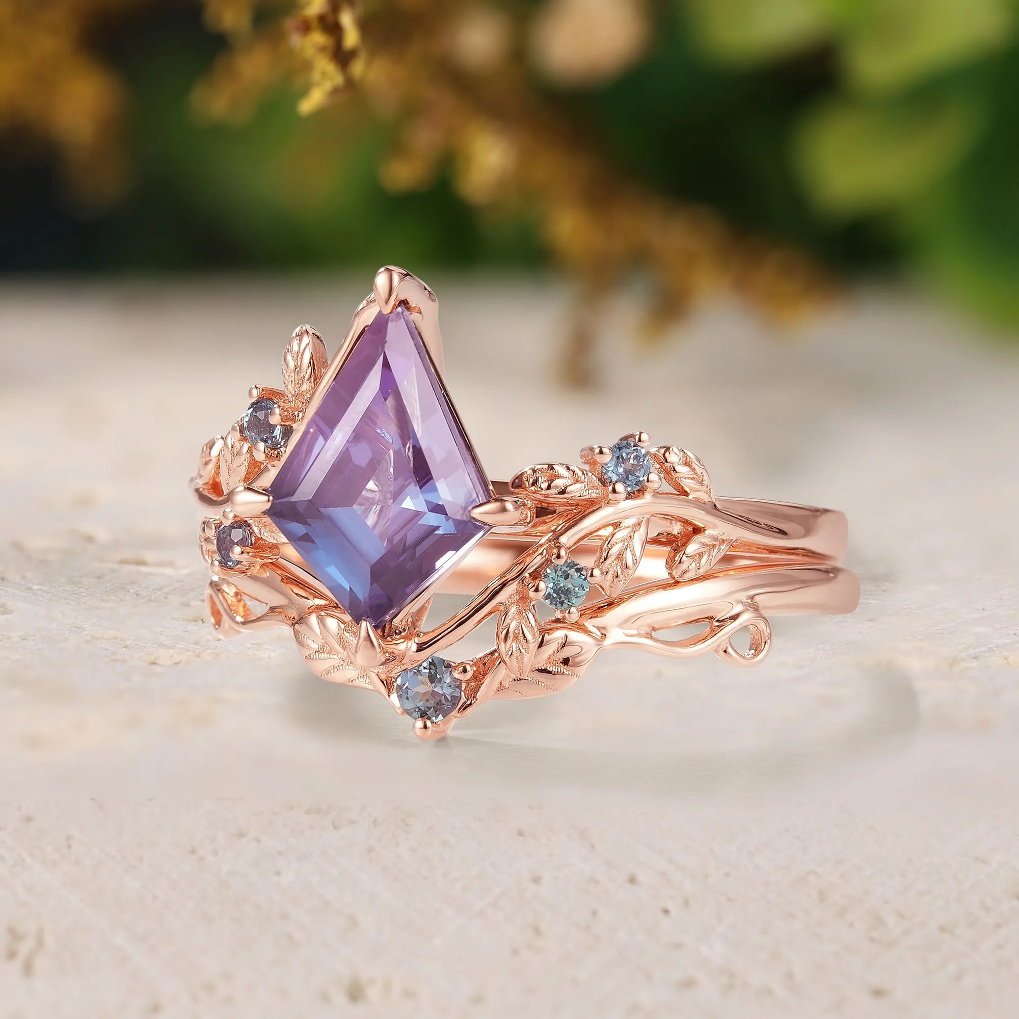 Alexandrite Leaf Inspired Engagement Ring Sets 2pcs