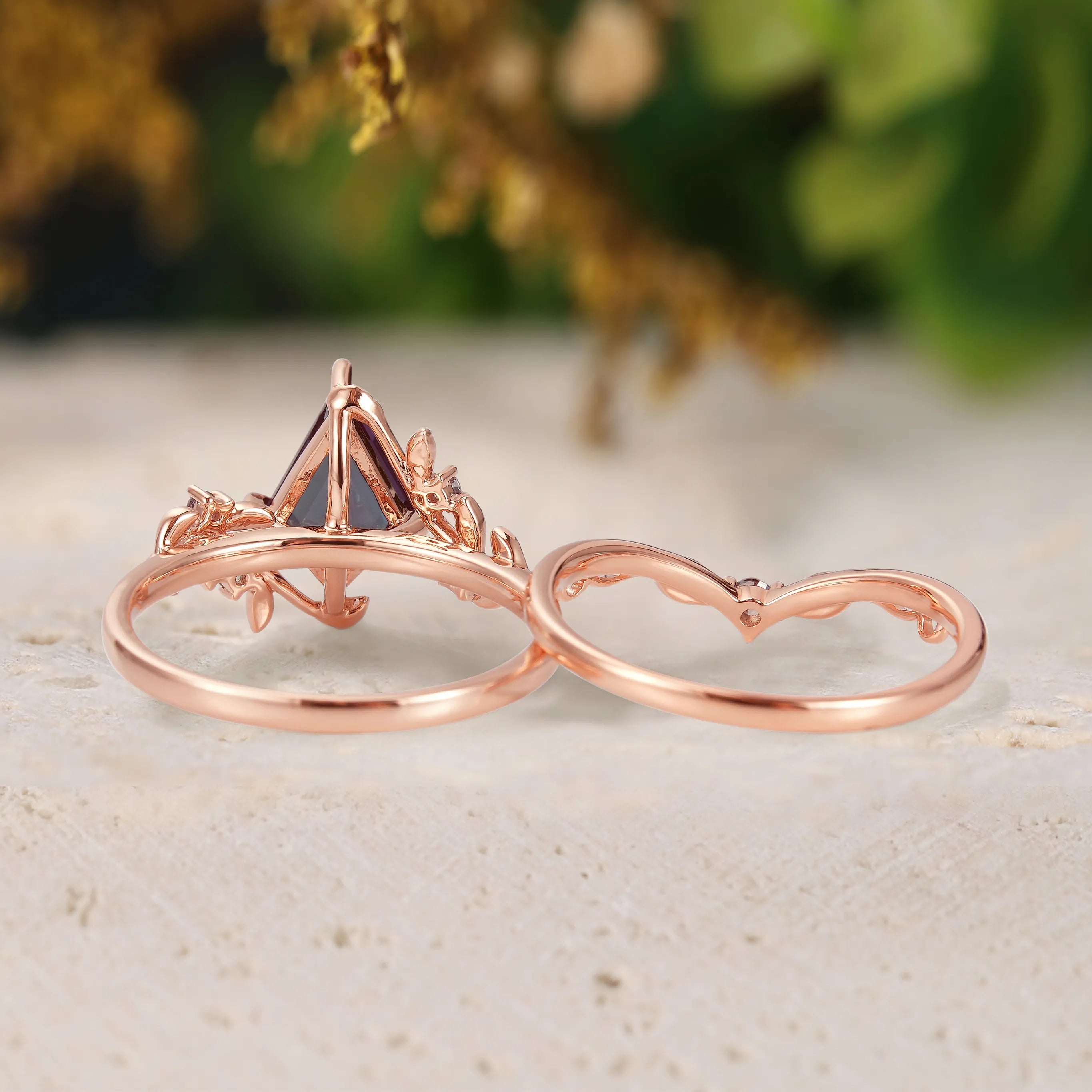 Alexandrite Leaf Inspired Engagement Ring Sets 2pcs