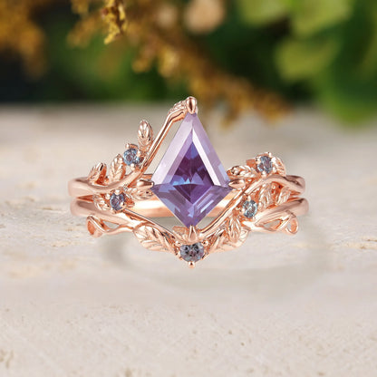 Alexandrite Leaf Inspired Engagement Ring Sets 2pcs