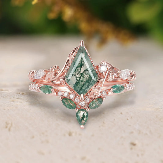 Kite Cut Moss Agate Bridal Sets 2pcs with Leaves