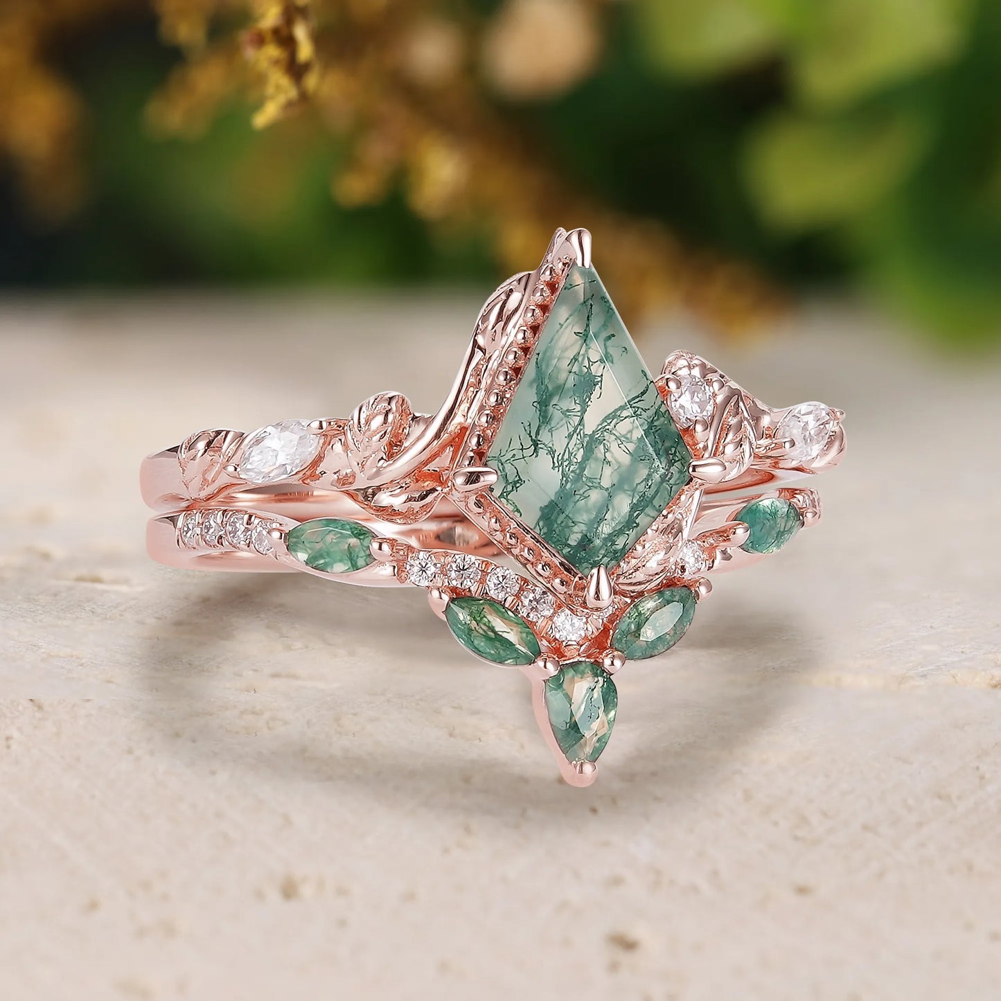 Kite Cut Moss Agate Bridal Sets 2pcs with Leaves