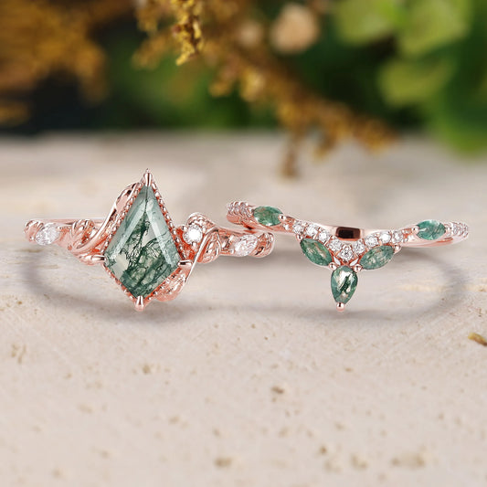 Kite Cut Moss Agate Bridal Sets 2pcs with Leaves