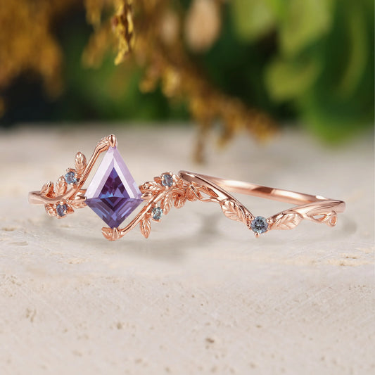Alexandrite Leaf Inspired Engagement Ring Sets 2pcs