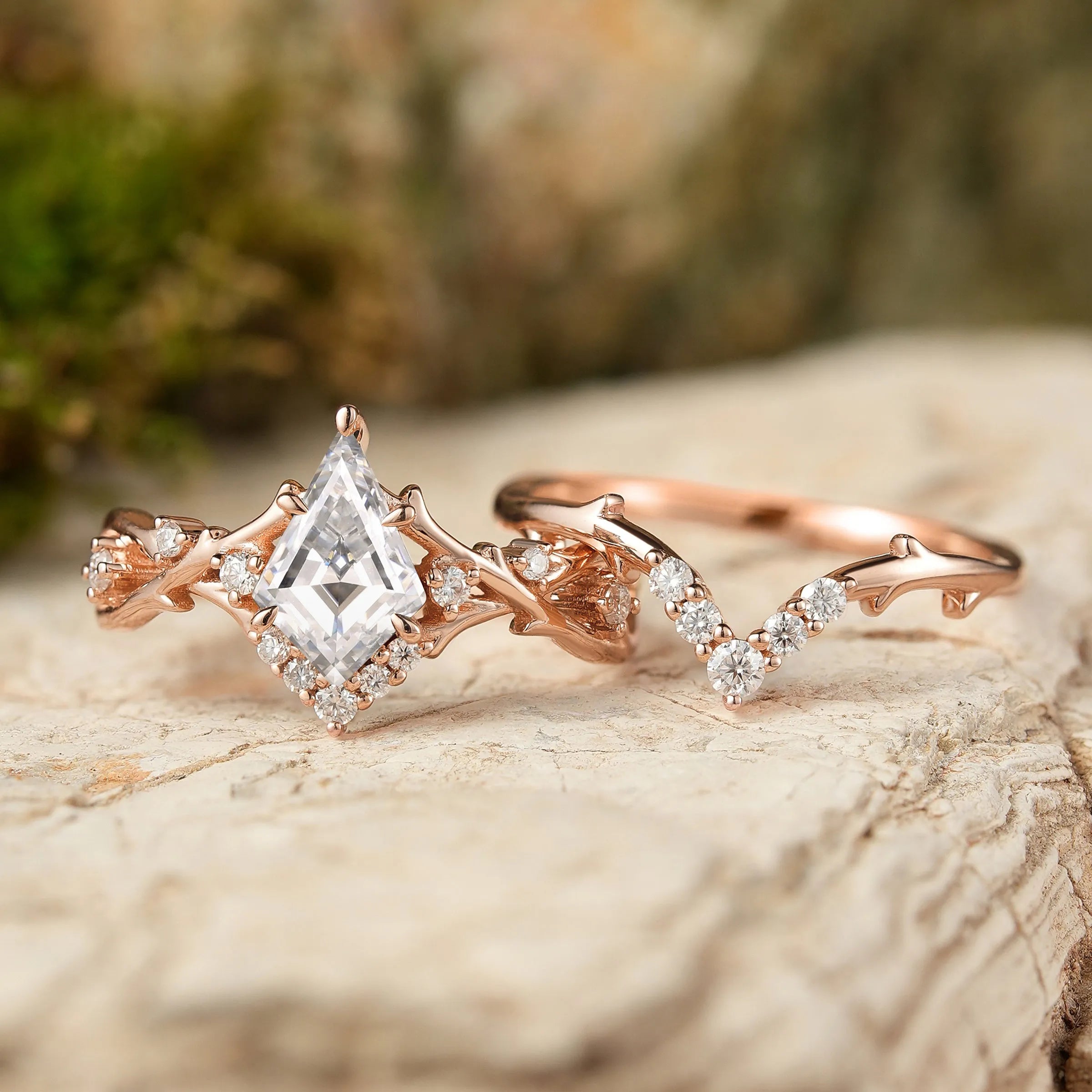 Kite Cut Moissanite Twig Engagement Ring Sets 2pcs