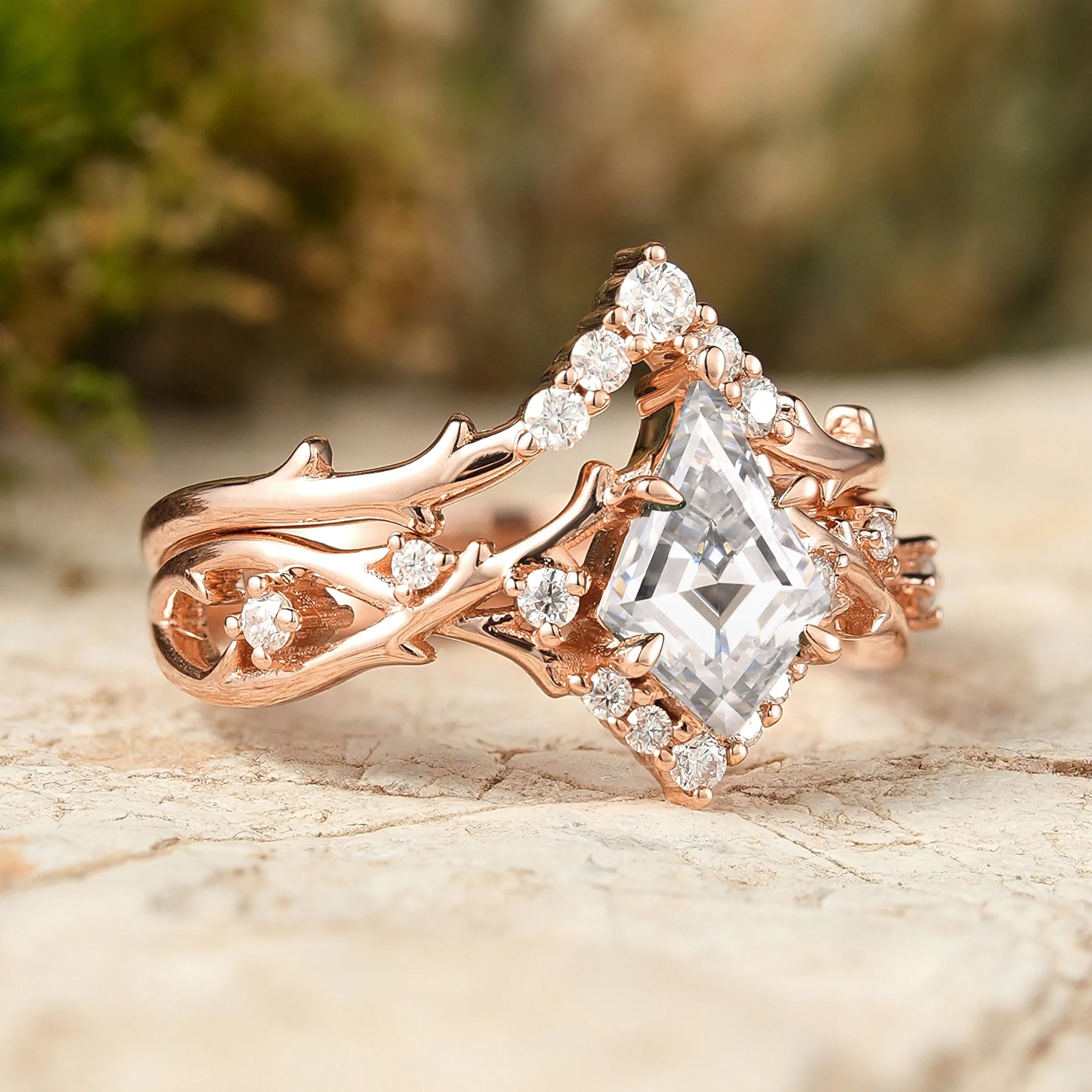 Kite Cut Moissanite Twig Engagement Ring Sets 2pcs