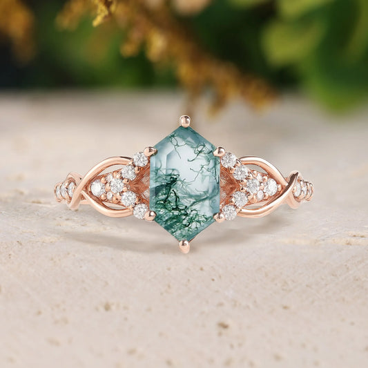 Long Hexagon Moss Agate Engagement Ring with Moissanite Twist Band